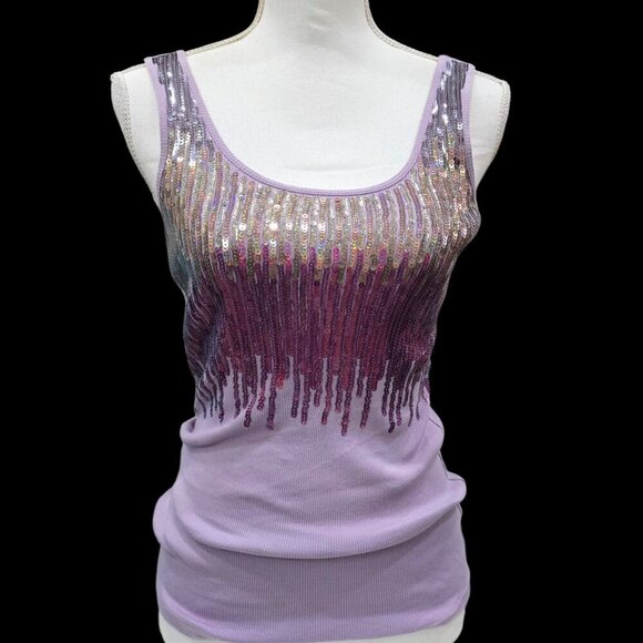 Express ✦ Purple Sequin Tank Top S ✦ Scoop Neck Ribbed Stretch Party Top NWOT - Picture 7 of 11